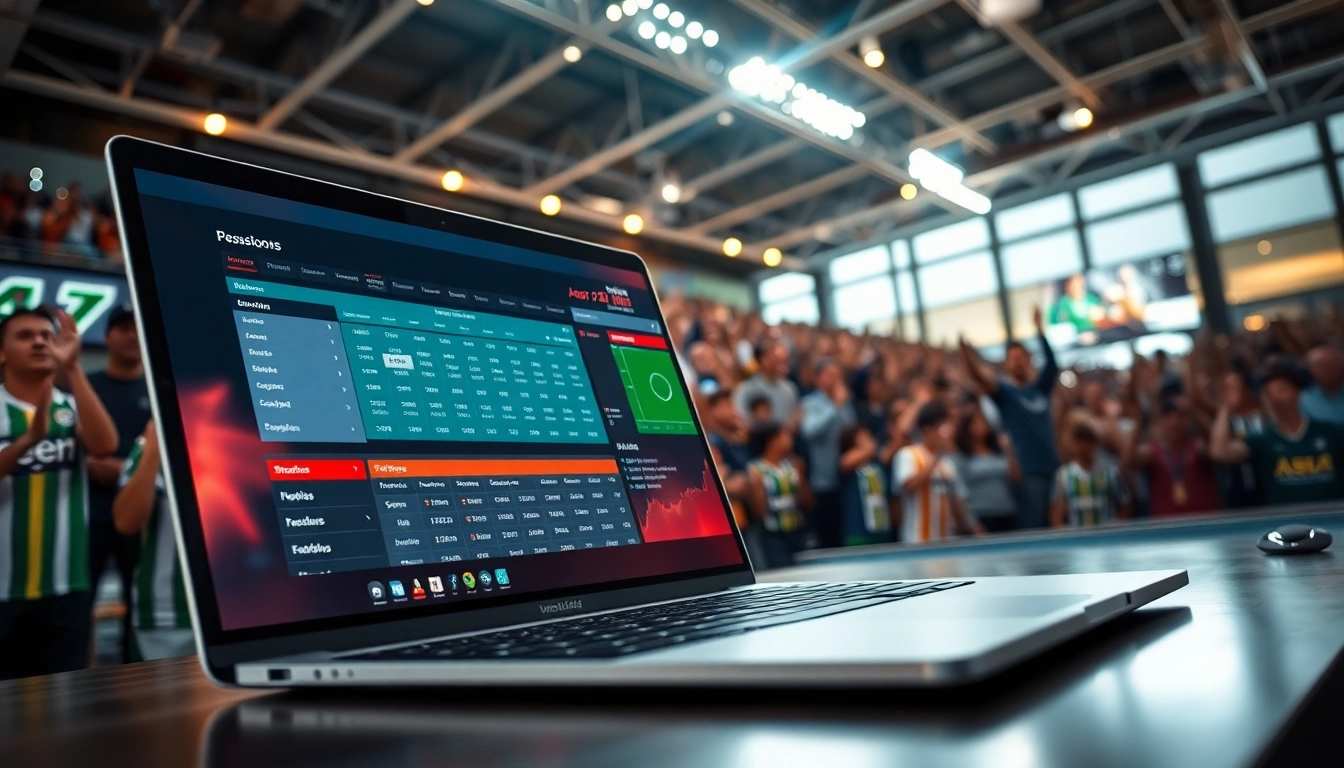 Engaging visual of online Betting on a laptop amidst a lively sports event atmosphere.