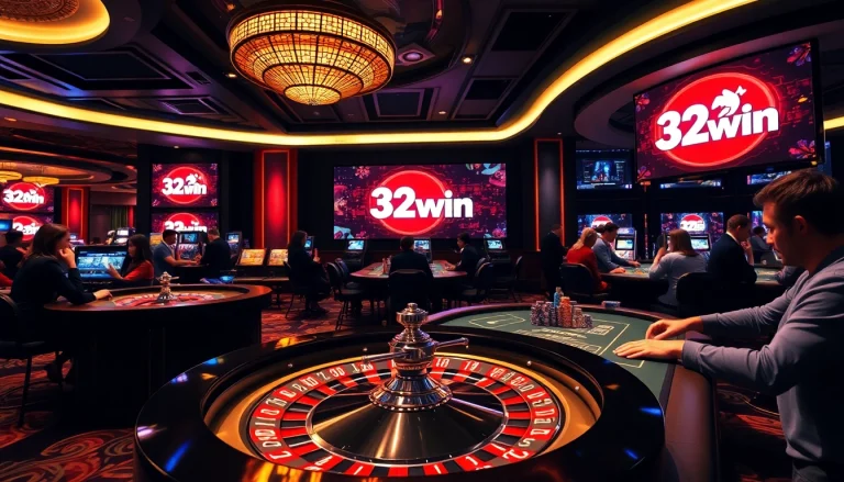 A lively casino scene featuring players engaged at a poker table with stacks of chips while showcasing the 32win branding.