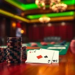 Intense poker game scene showcasing high-stakes chips and cards on the table.