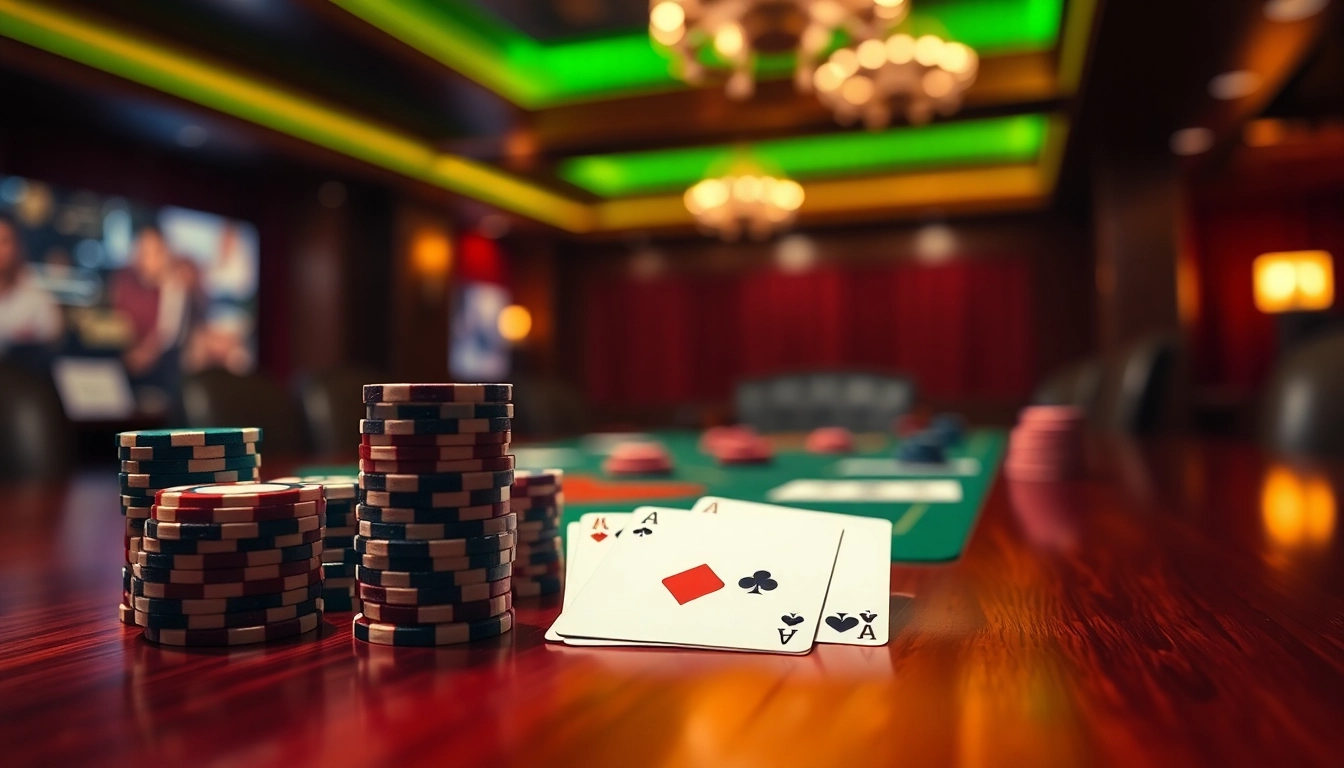 Intense poker game scene showcasing high-stakes chips and cards on the table.