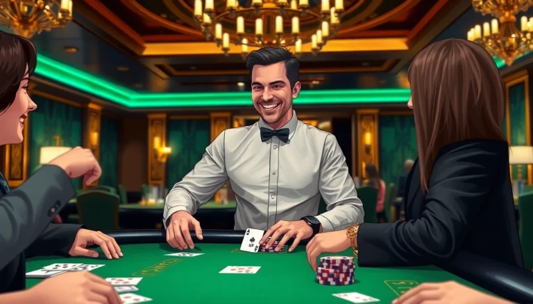 Engaging scene of a blackjack dealer at a bustling Blackjack Casino table, enhancing the atmosphere of gaming.