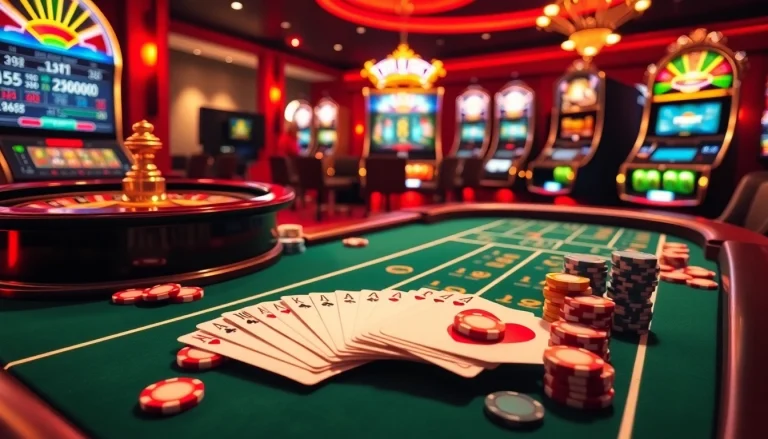 Players enjoying a thrilling game at mm88 casino, featuring vibrant slot machines and poker tables.