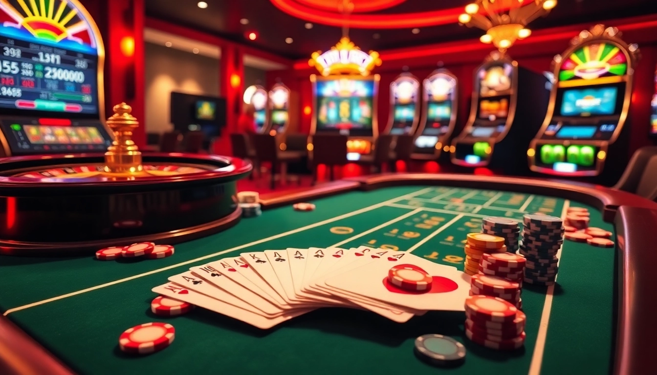 Players enjoying a thrilling game at mm88 casino, featuring vibrant slot machines and poker tables.