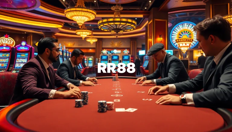 Scène de poker captivante au casino RR88 mettant en avant l'excitation et le jeu professionnel.