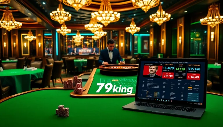High-stakes 79king casino scene with live betting, cards, chips, and roulette