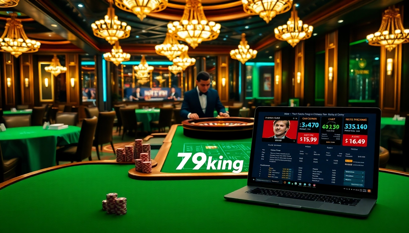 High-stakes 79king casino scene with live betting, cards, chips, and roulette