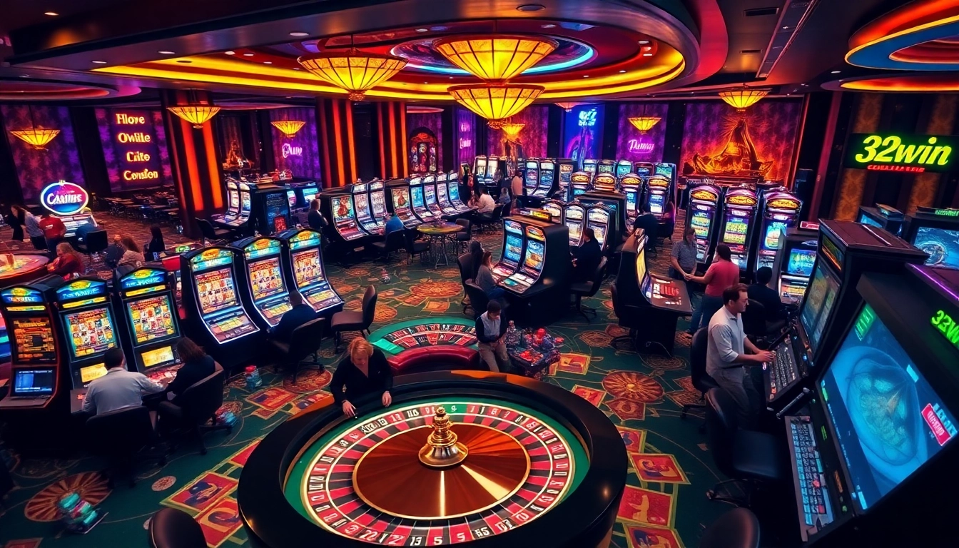Players enjoying exciting games at 32win casino with vibrant slot machines and a roulette table.