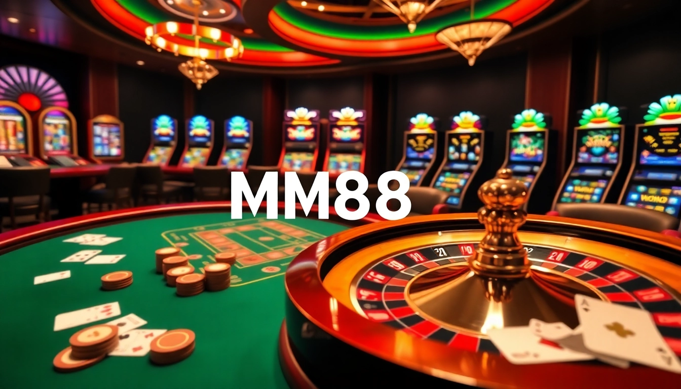Experience the excitement of mm88 with high-end poker and vibrant slot machines in a luxurious casino setting.