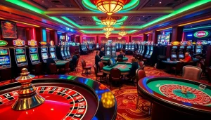 Engaging casino scene showcasing roulette tables and slot machines with vibrant colors.