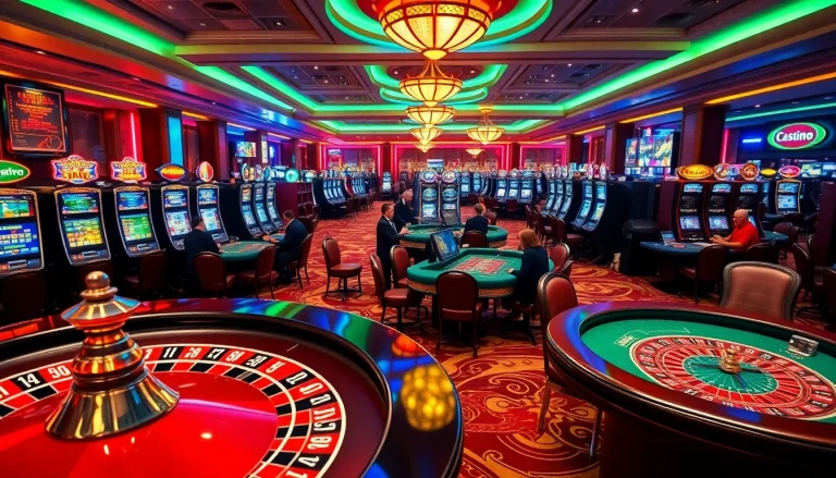 Engaging casino scene showcasing roulette tables and slot machines with vibrant colors.