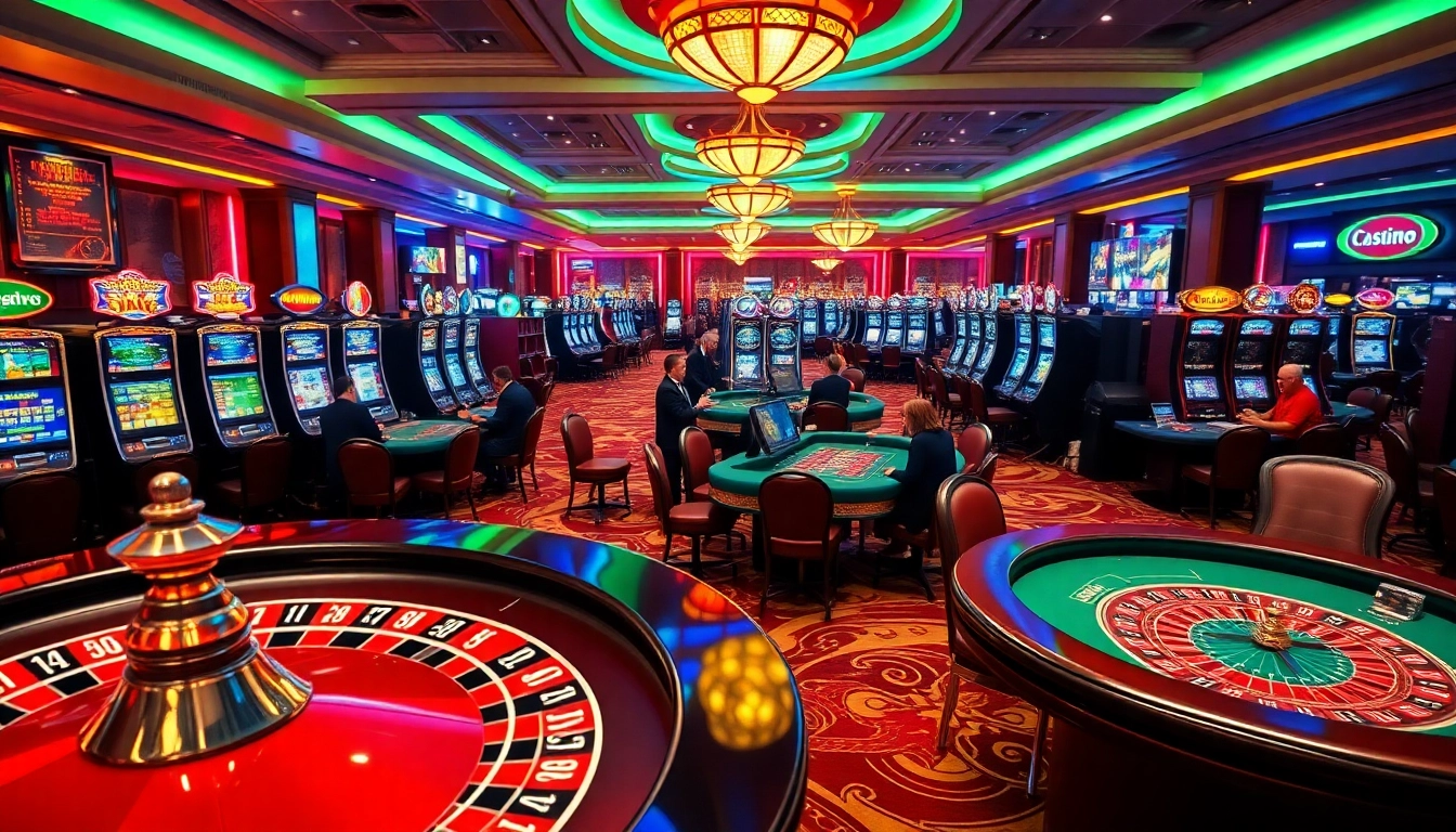 Engaging casino scene showcasing roulette tables and slot machines with vibrant colors.