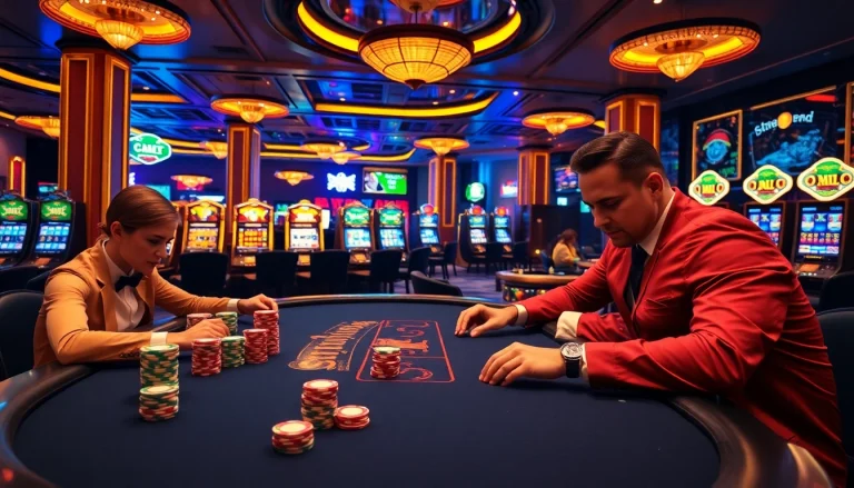 Players enjoying a vibrant casino scene at https://ax88.com.de/ with poker chips and roulette wheels.