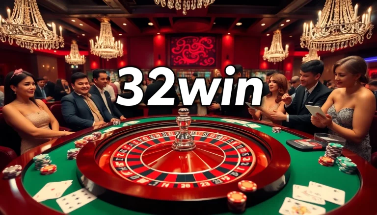 Players experiencing the thrill of the 32win casino with vibrant roulette, poker chips, and elegant cards.
