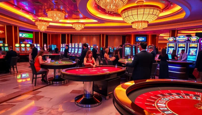 KJC casino gaming experience with players engaging at roulette and blackjack tables.