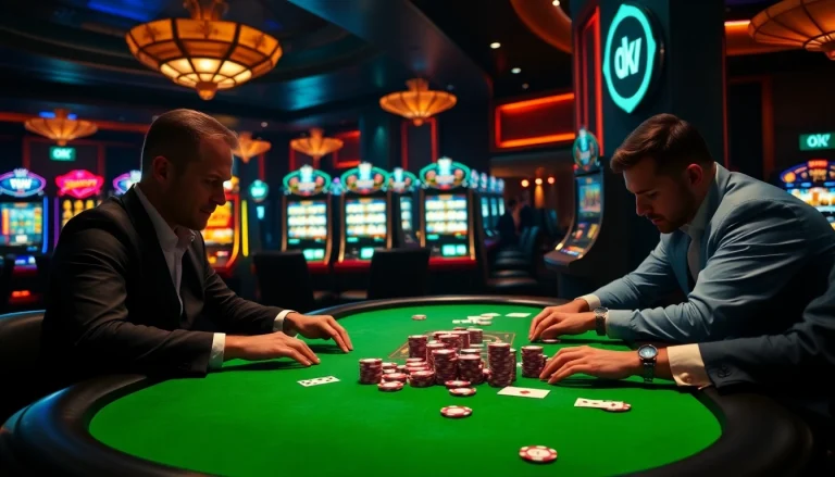 Professional gamblers at an OK 9 poker table with vibrant chips and cards.