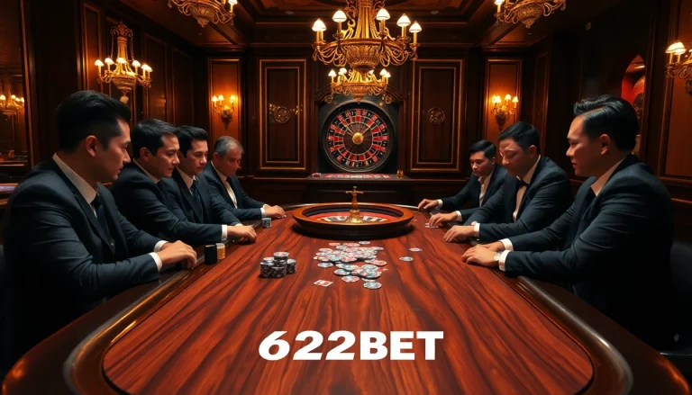 Players strategizing in a poker game at 622BET casino, showcasing excitement and luxury.