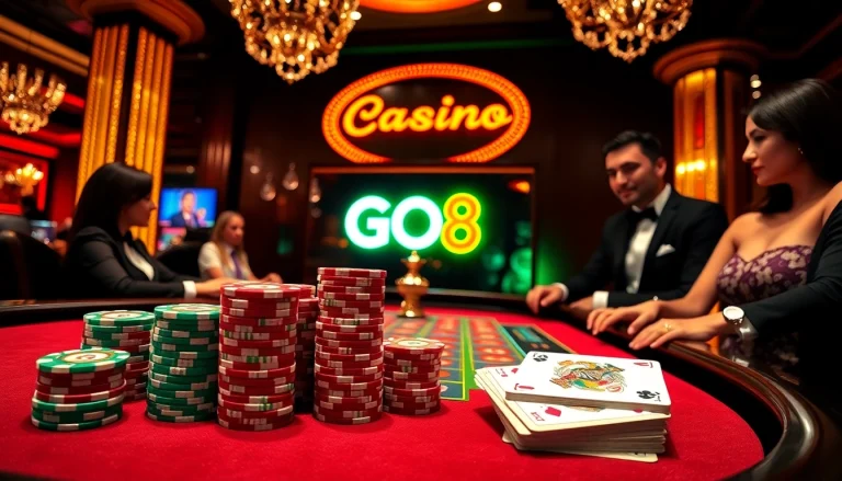 Experience the excitement of the GO8 Casino with vibrant tables, chips, and players engaged in thrilling games.