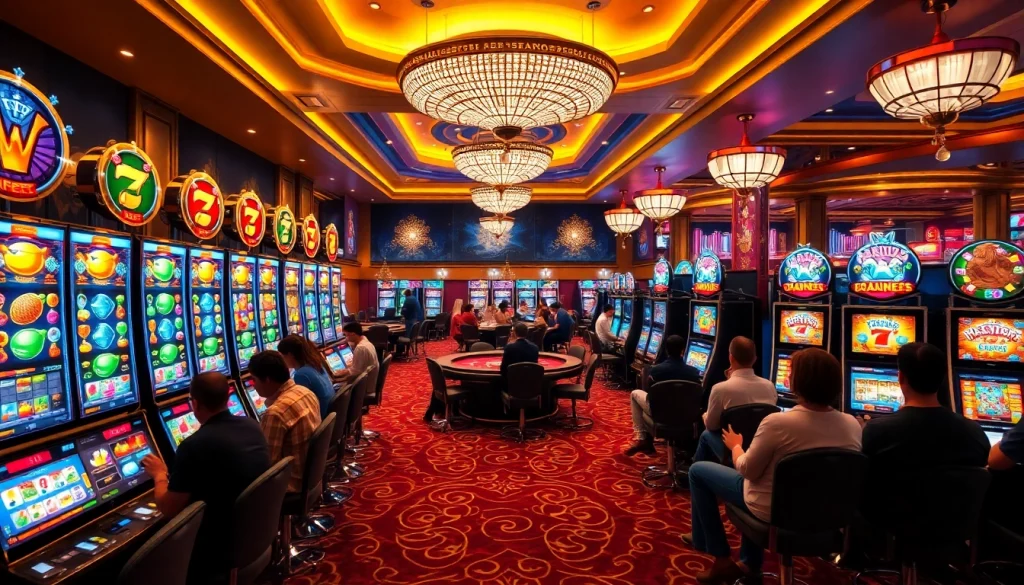 Engaged players enjoying vibrant slot machines at a modern 슬롯사이트 in a luxurious casino setting.