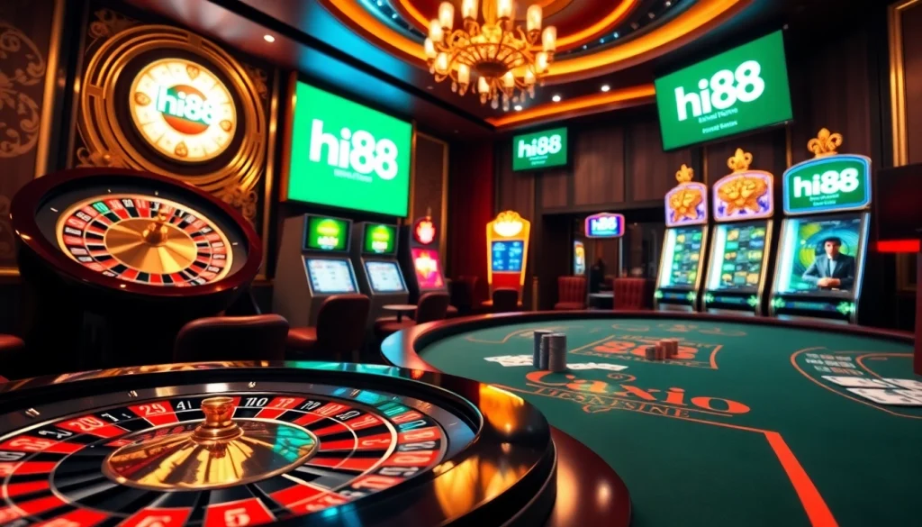Hi88 gaming table with exciting cards and chips, highlighting thrilling casino experience.