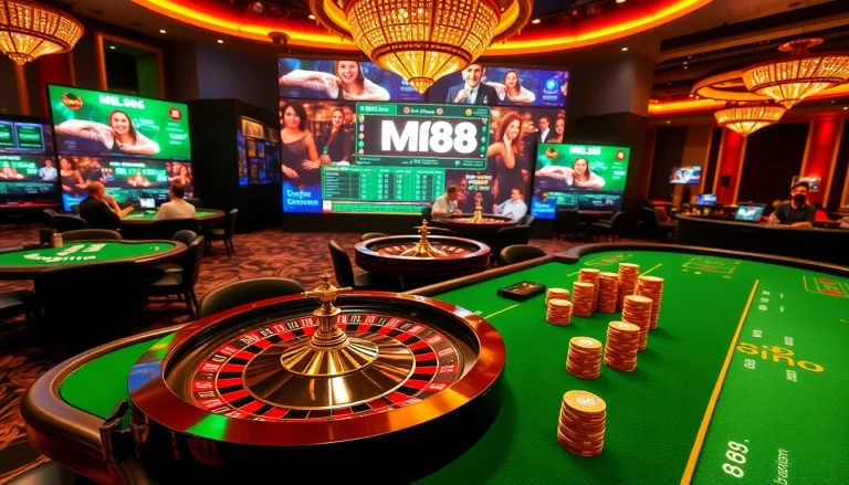 Experience thrilling gameplay at MM88, with vibrant casino tables and roulette wheels capturing the excitement of online gambling.