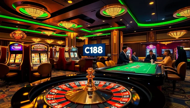 Dynamic casino gaming scene illustrating khuyến mãi C168 excitement with players at roulette tables and slot machines.