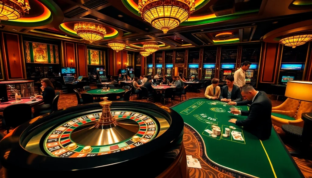 Players enjoy an exciting game atmosphere at KJC Casino, with roulette and poker at vibrant tables.