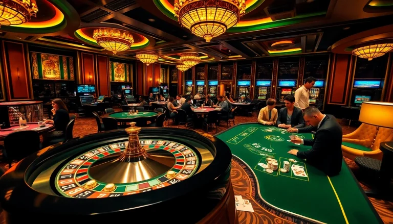 Players enjoy an exciting game atmosphere at KJC Casino, with roulette and poker at vibrant tables.