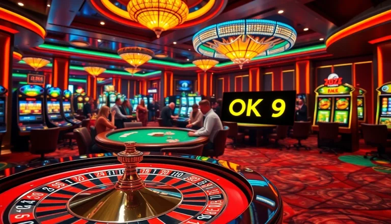 Engaging scene of gamblers at a luxury casino featuring OK 9, with roulette tables and poker games.