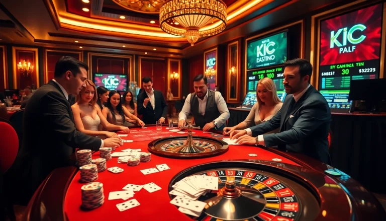 KJC casino table showcasing poker chips, cards, and roulette wheel in a luxurious setting.