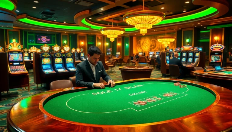 Exciting casino action at Okfun featuring players at poker and slot machines, showcasing vibrant gambling atmosphere.