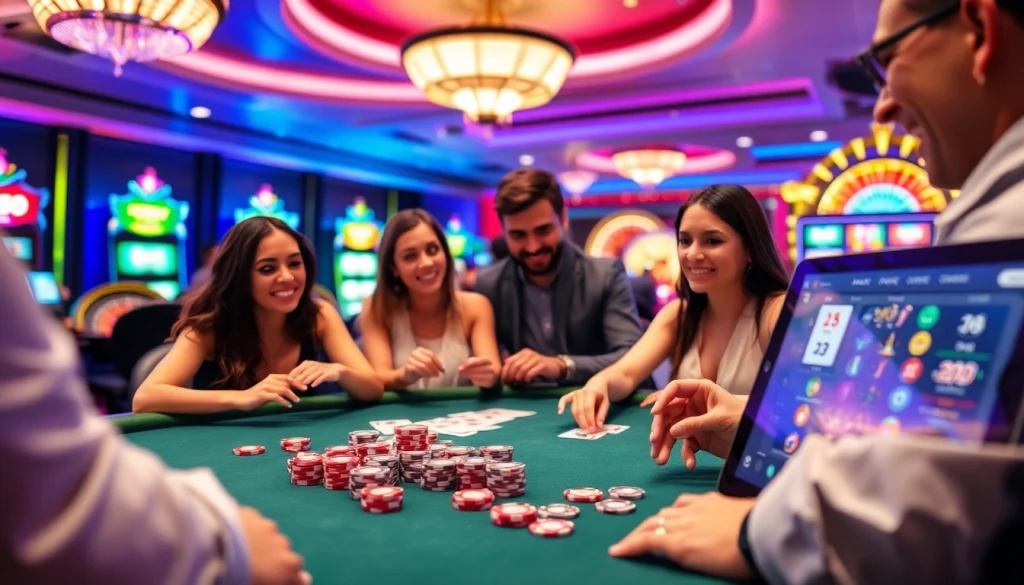 Excited gamblers playing poker at a luxurious xx88 casino table filled with chips and cards.