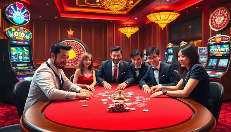 KJC members celebrating a winning hand at a high-stakes poker table in a glamorous casino.