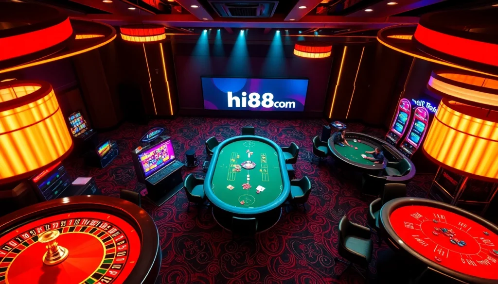 Players placing bets and winning at hi88com casino games under ambient lighting.