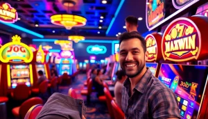 Slot maxwin menunjukkan pemain menikmati kemenangan besar di mesin slot yang cerah dan hidup.