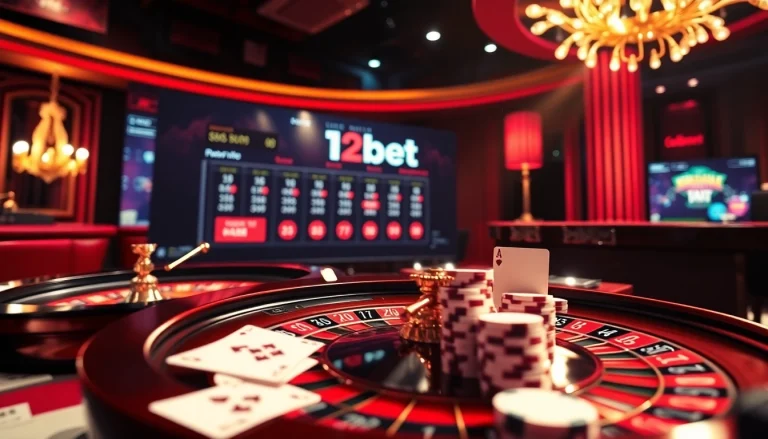 Engage with ink vao 12bet on a vibrant casino interface showcasing exciting elements like roulette wheels and poker chips.
