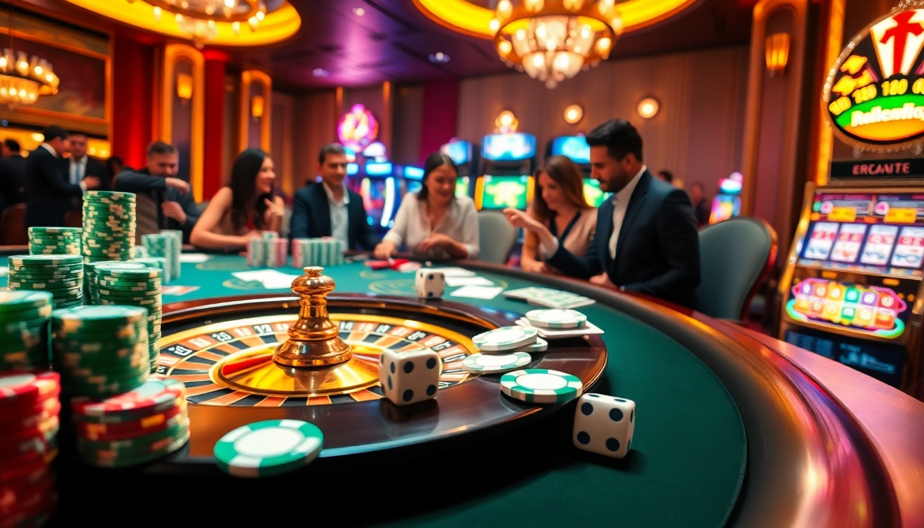 Players enjoying exhilarating games at https://mm88.nl/ casino with vibrant slots and poker tables.