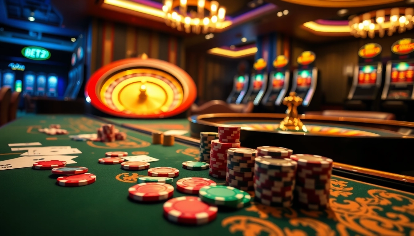 Experience the excitement of BET29 with vibrant poker chips and roulette in a stylish casino setting.