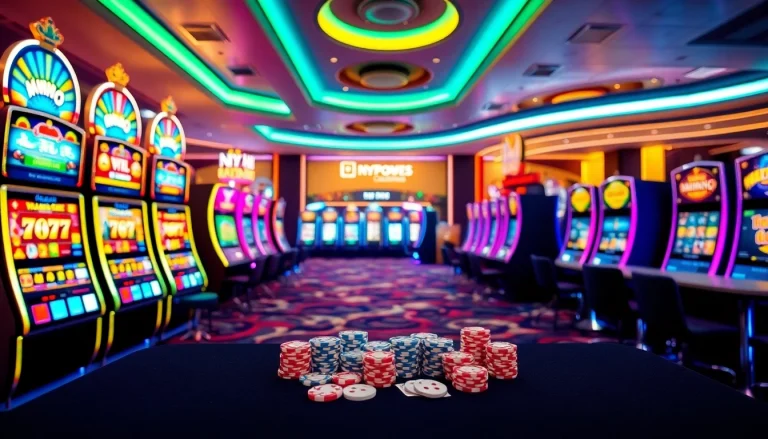 Nổ hũ slot machines glowing with vibrant colors greet excited players in a luxurious casino scene.