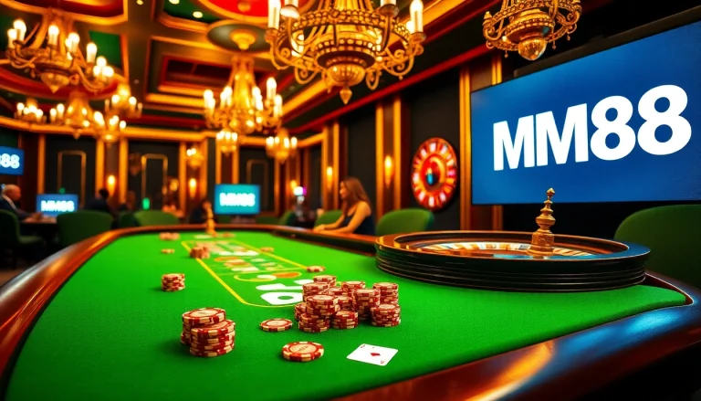 MM88 players enjoying a thrilling casino experience with poker, roulette, and vibrant atmosphere.