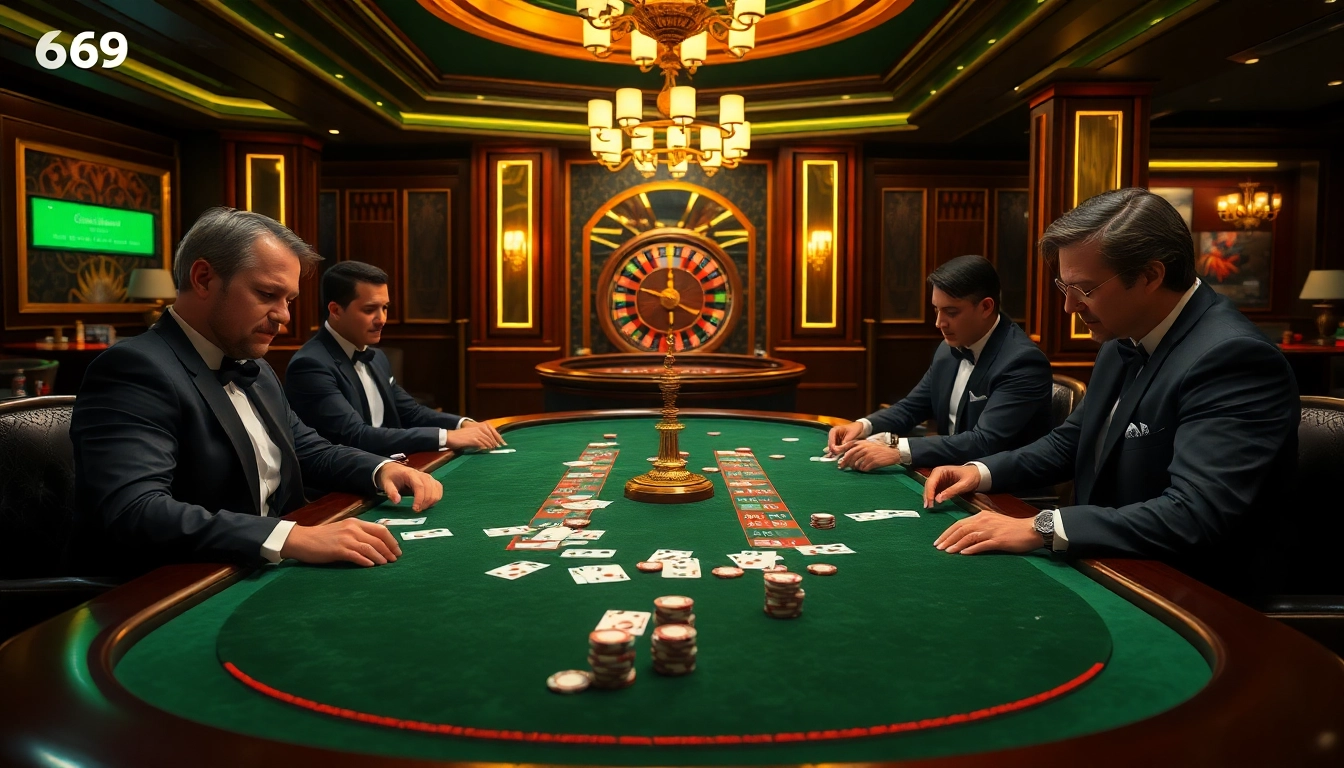Experience the excitement of poker at 669bet, with players engaged in high-stakes action around a luxurious table.