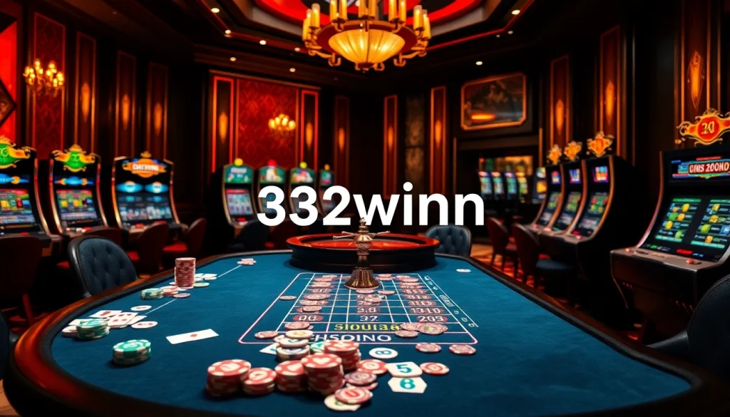 Experience the excitement of gambling with 32winn at an elegant casino featuring vibrant cards and shiny slot machines.