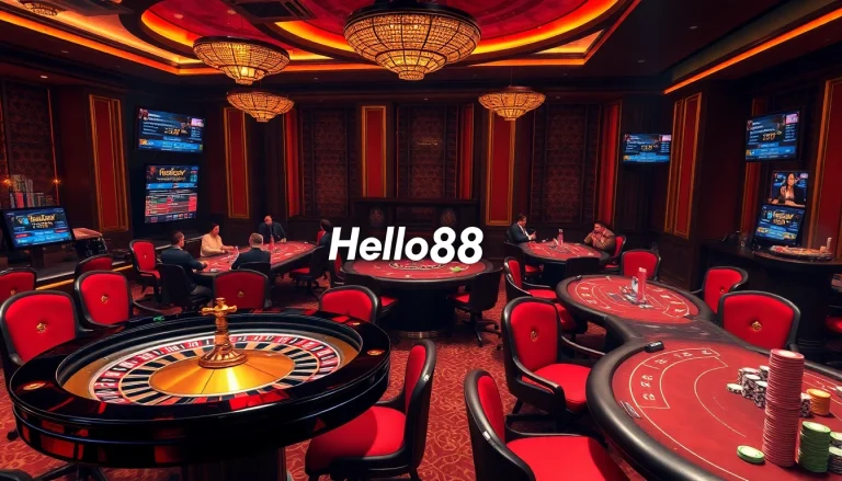 Hello88 casino gaming scene with poker chips, roulette wheel, and immersive betting experience.