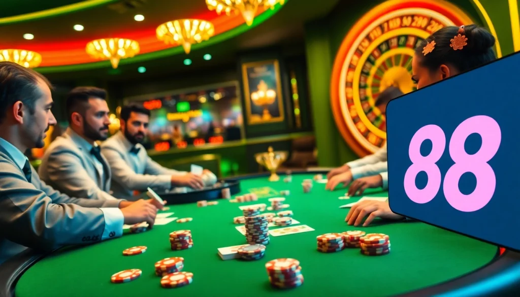 Exciting poker play at Bet 88 casino with colorful chips and cards in action.