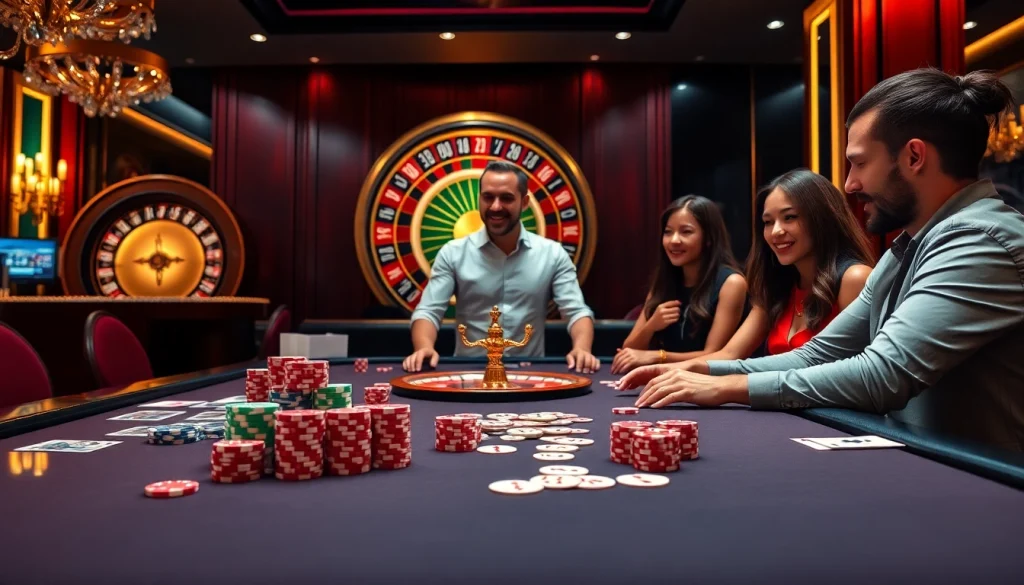 Exciting gaming action at LC88 casino, showcasing poker chips and a roulette wheel.