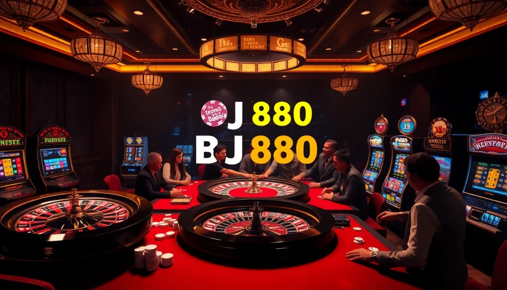 Engaging players enjoy Đá Gà Thomo BJ888 in a luxurious casino setting with vibrant betting tables.