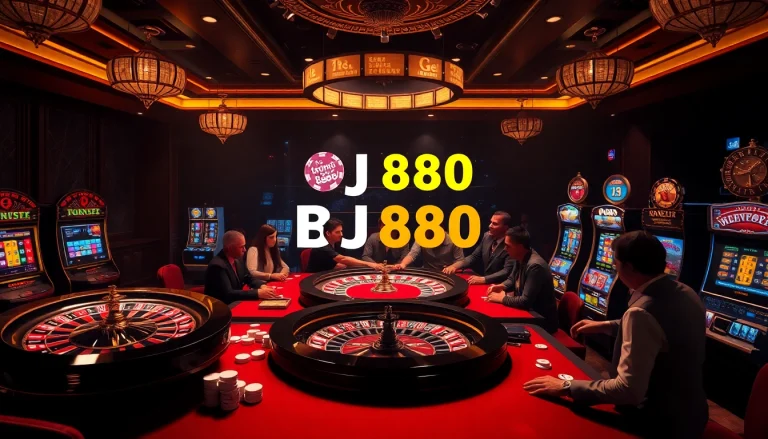 Engaging players enjoy Đá Gà Thomo BJ888 in a luxurious casino setting with vibrant betting tables.
