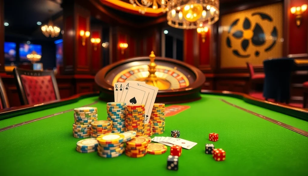Dynamic gambling scene at Casino GK88 featuring poker chips, cards, and a roulette wheel.