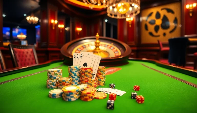 Dynamic gambling scene at Casino GK88 featuring poker chips, cards, and a roulette wheel.