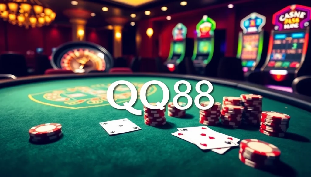 Experience the thrill of gambling at QQ88 with a luxurious casino atmosphere featuring elegant tables and vibrant chips.