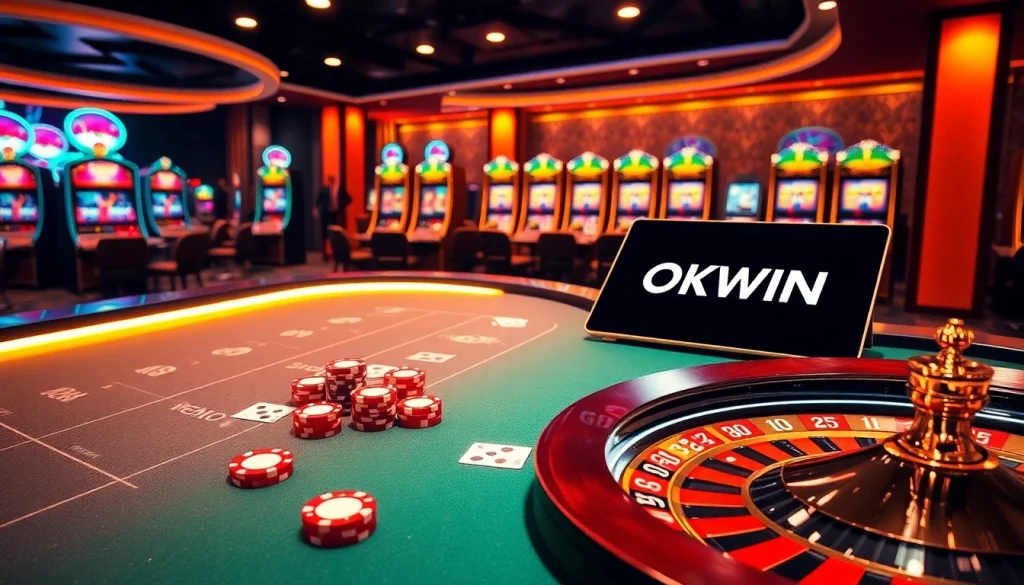 Experience high-stakes action at OKWIN casino with vibrant chips and elegant tables.